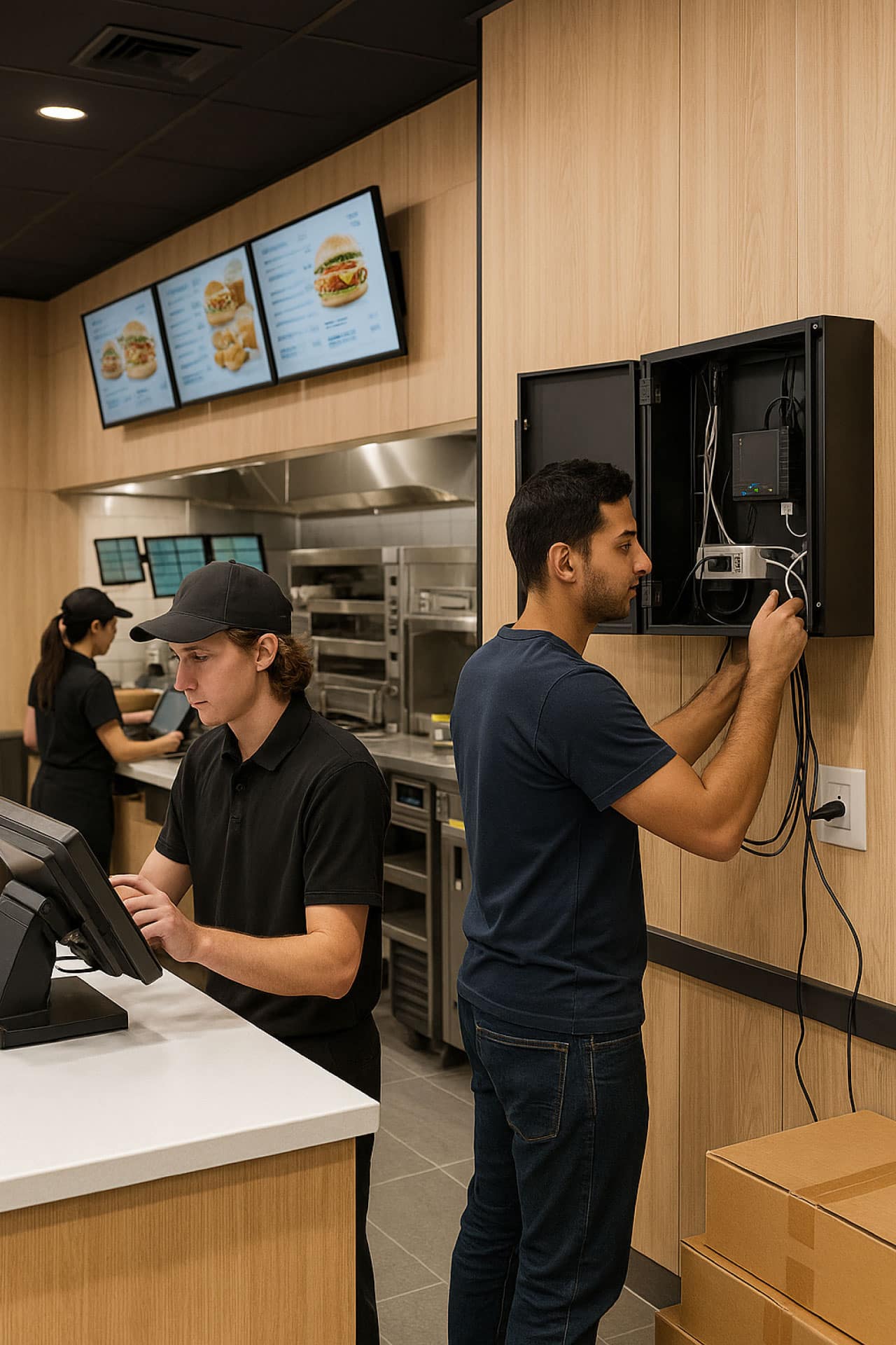 Technician configuring 5G failover router for fast-food site